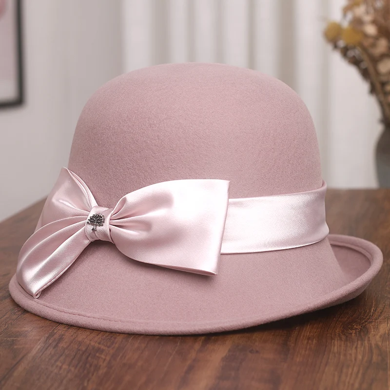 

Elegant Bow Wool Basin Hat Women Autumn And Winter Vintage Banquet Decoration Topper Fisherman Hat