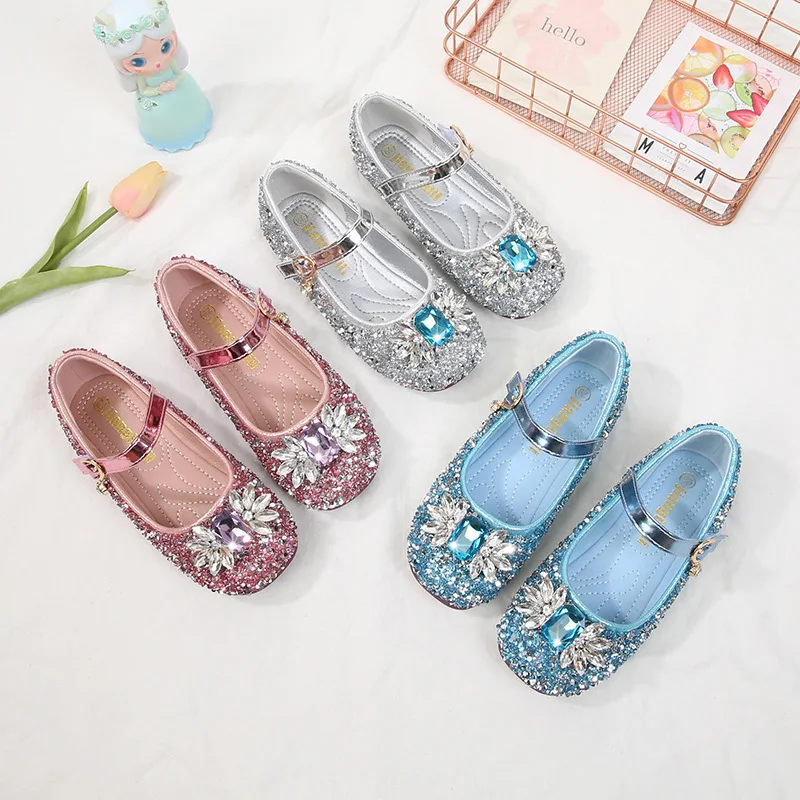 

Girl's Solid Color Rhinestone Fashionable Princes Children's Small Leather Shoes Medium To Large Children Soft Sole Single Shoes