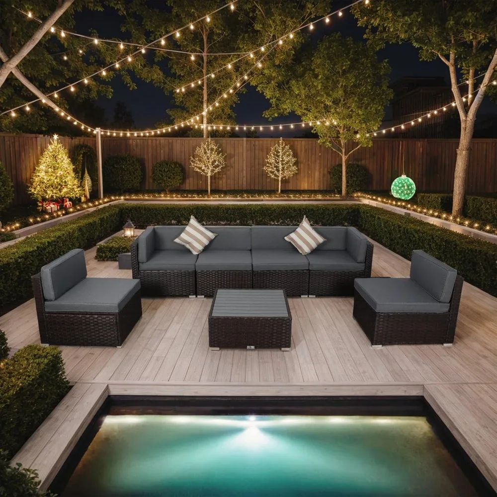 

7 Piece Outdoor Patio Furniture Set with Cushions, PE Rattan Wicker Modular Outdoor Sectional L Shape Patio Conversation Sofa Se