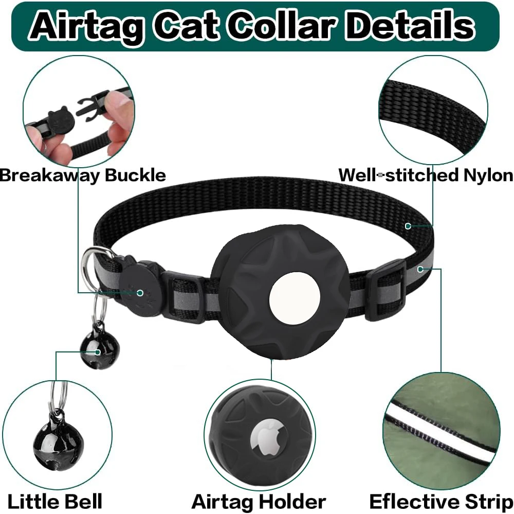 Airtag Pet Collar Breakaway, Reflective Kitten Collar with Apple Air Tag Holder and Bell for Girl Boy Cats, 0.4 Inches