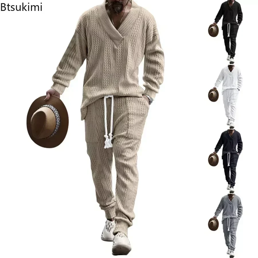 2025 Men's Knitted Suit Sets Long Sleeve V-neck Shirts and Drawstring Pants Sets Pockets Tracksuit Men's Solid Knitted 2PCS Sets