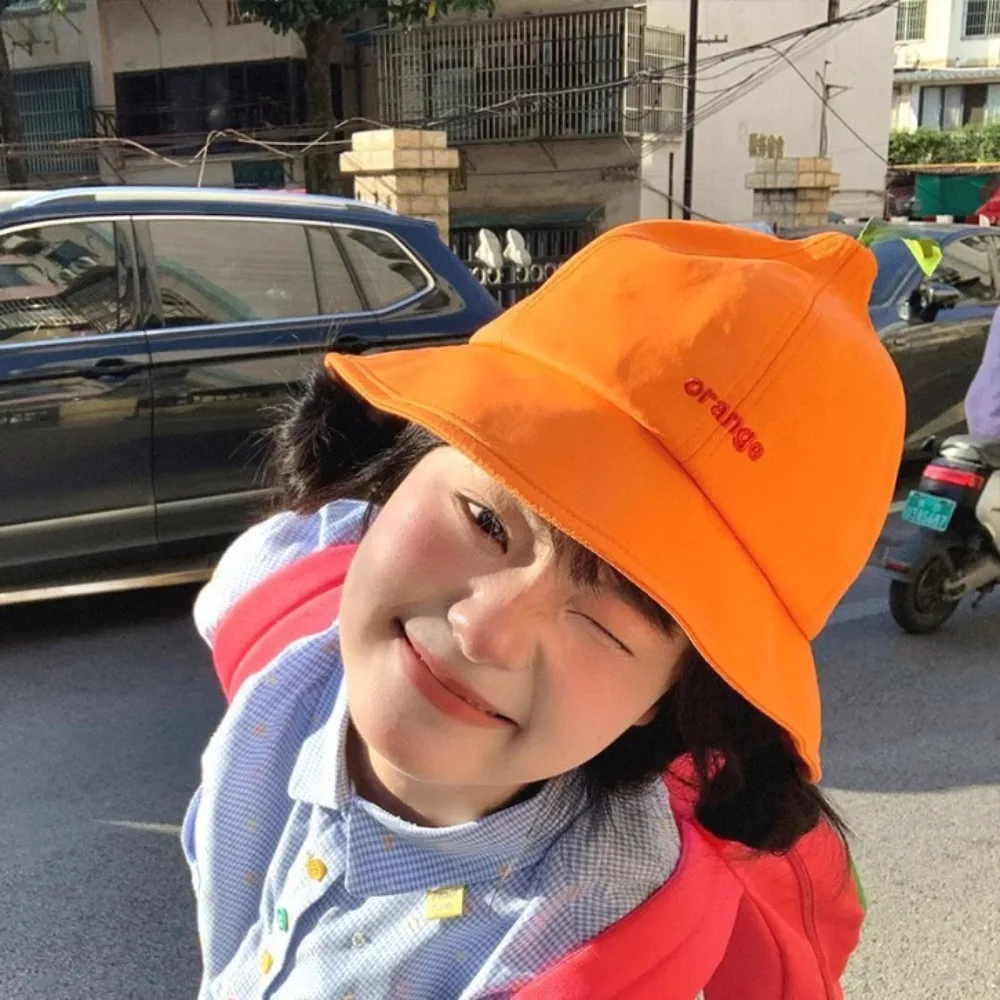 

Quick-dry Orange Fisherman Hat Cool Cotton Creative Orange Bucket Cap Big Brim Sunshade Embroidered Letter Sun Hat
