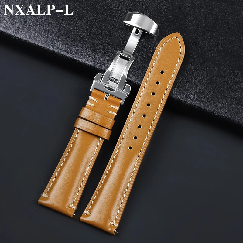 Pulseira De Relógio De Couro Genuíno, Liberação Rápida, Pulseira De Couro De Óleo, Fecho De Borboleta, Pulseira De Costura Artesanal, 20mm, 22mm, 24mm