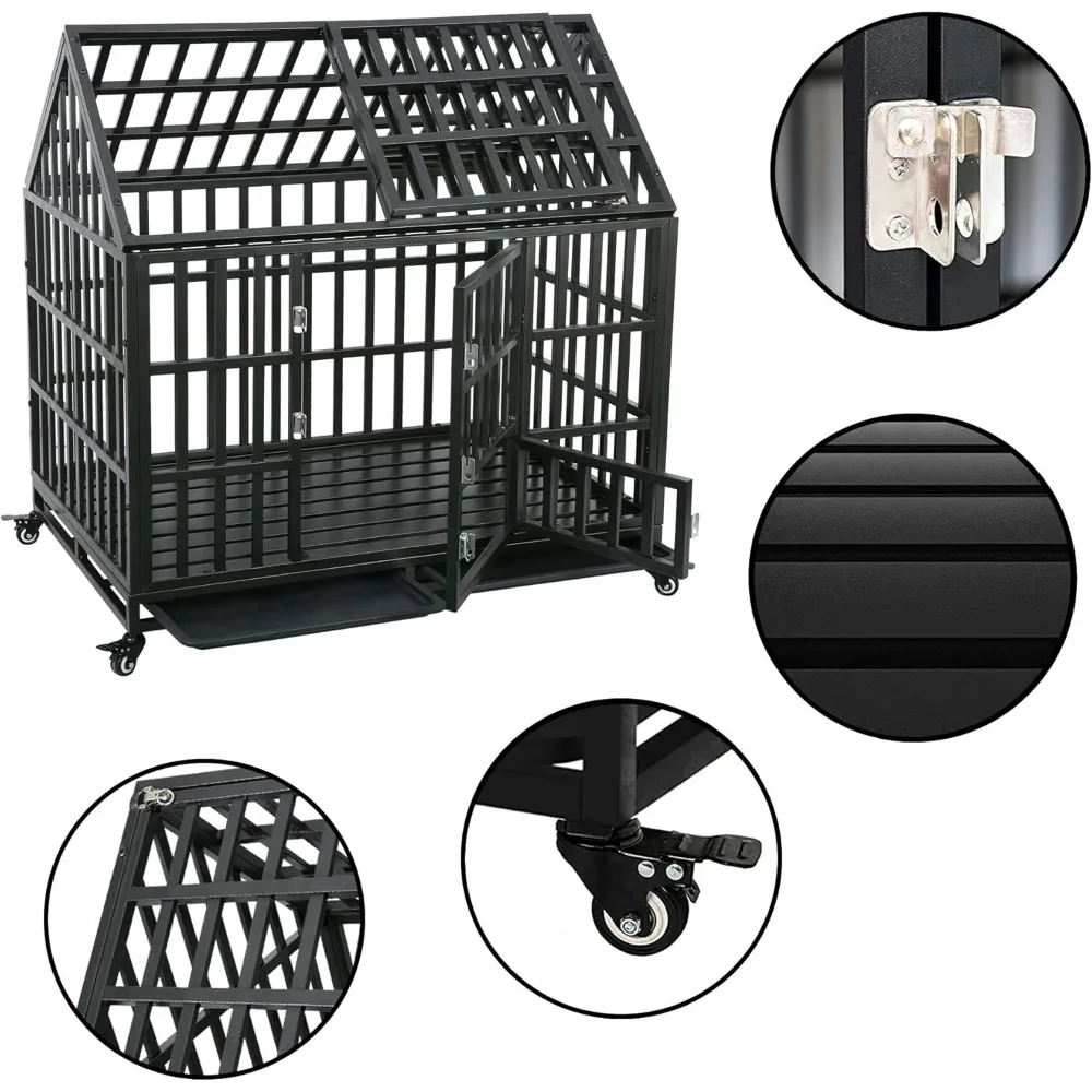 Dog Crate for Large Medium Dogs, Metal Pet Cage Kennel Crate Roof Strong Playpen with Sturdy Latches and 4 Lockable Wheels