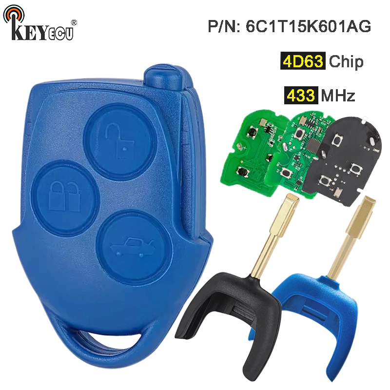 KEYECU 433 MHz 4D63 Chip P/N: 6C1T15K601AG 3-Tasten-Fernschlüsselanhänger für Ford Transit WM VM 2006–2014, blau/schwarz, FO12-Klinge
