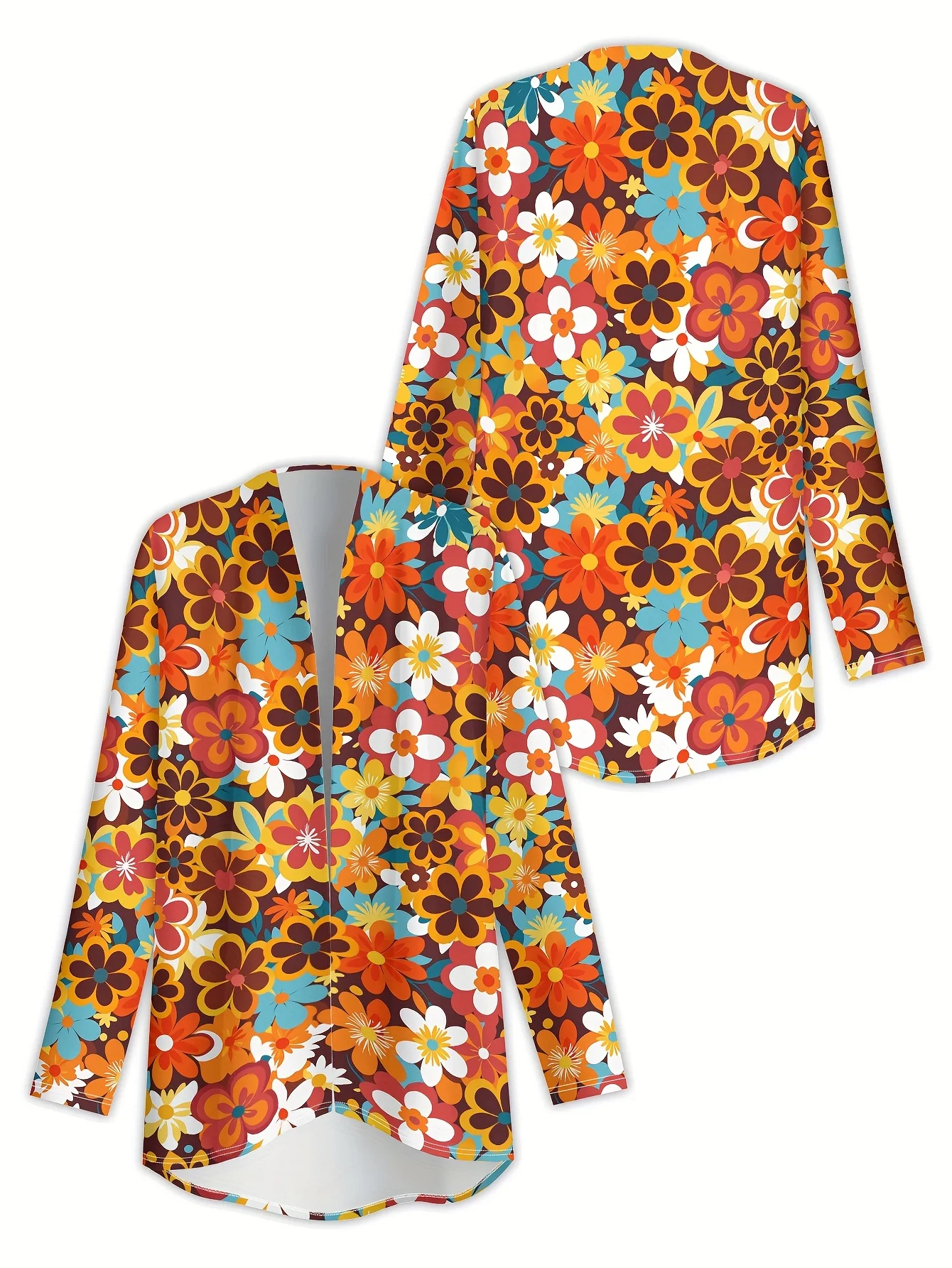 패션 여성 꽃무늬 긴 소매 가디건, 폴리에스터 오픈 프론트, 가벼운 커버업, 봄 가을 캐주얼 코트