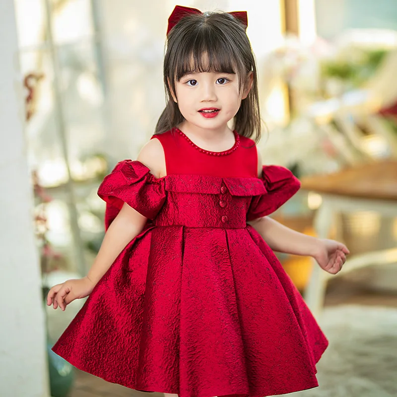 

2023 Flower Girl Dresses for Weddings Red Ball Gown Baby Girls Kids First Birthday Dress Toddlers Big Bow Ruched Children Formal