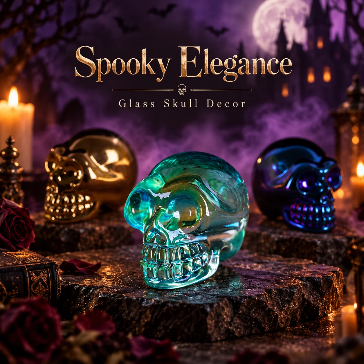 B12 Crystal Glass Skull Figurine Gothic Halloween Decor Black Glass Skull Ornament Home Desktop Decoration Gift