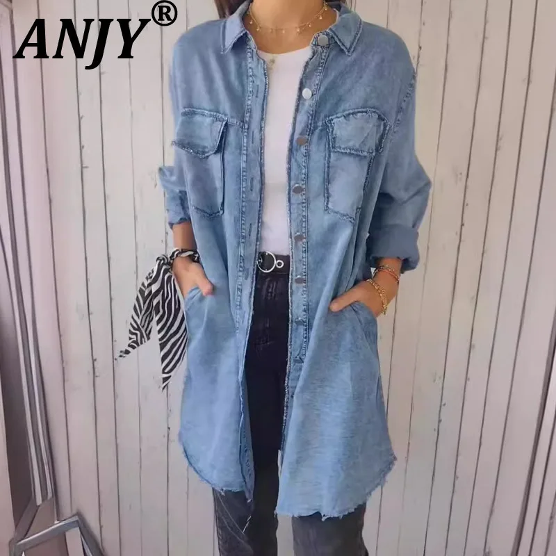 

ANJY Autumn New Women American Casual Tide Long Denim Shirt Jacket Ins Fashion High Street Large Pockets Versatile Trench A11198