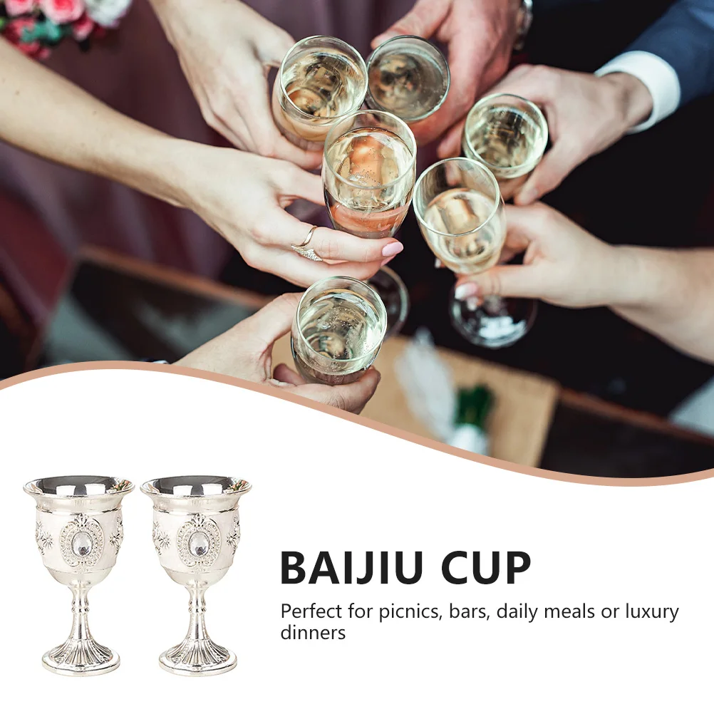 

2Pcs White Wine Goblets Alloy Retro Style Flower Pattern Wine Cups Party Cocktail Decor Festive Vintage Metal Cup