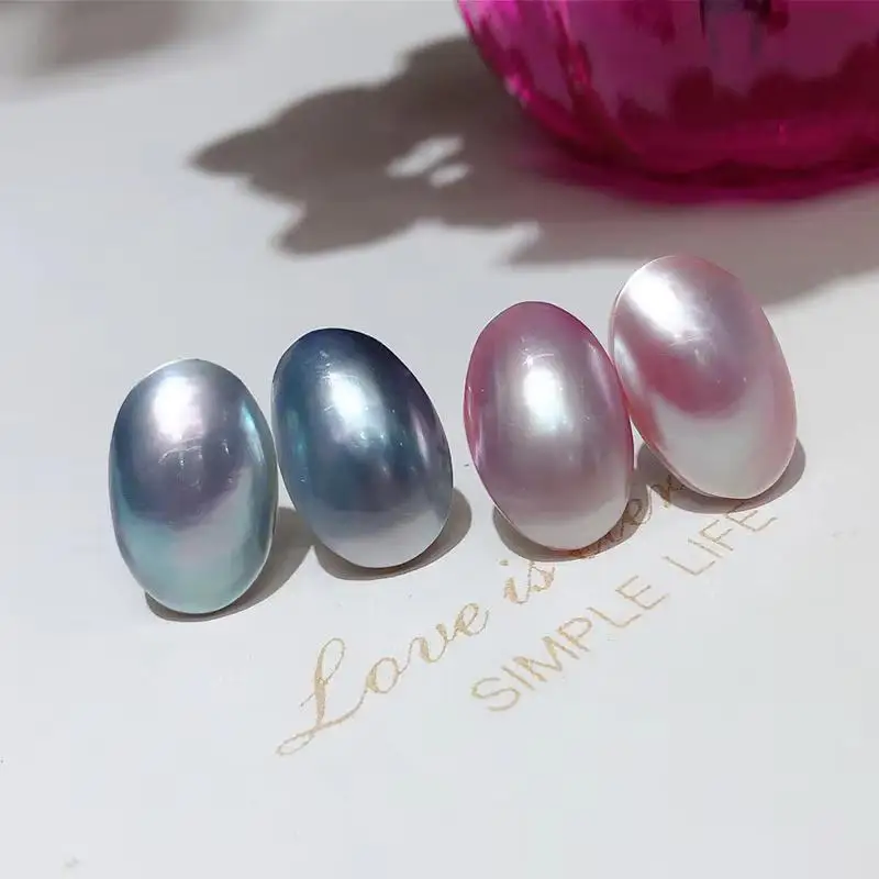 1pair freshwater Mabe pearl shell  white pink blue flat oval earrings for woman 20-30mm nature