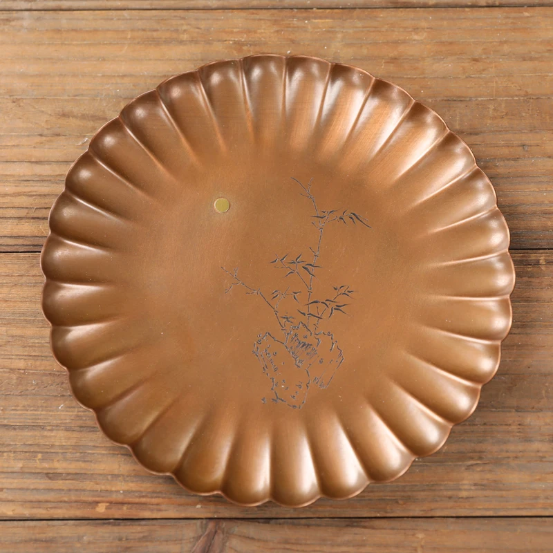 Copper tea tray, round chrysanthemum tea tray, pure copper dry brewing table, handmade Chinese pot bearing tea set, copper metal