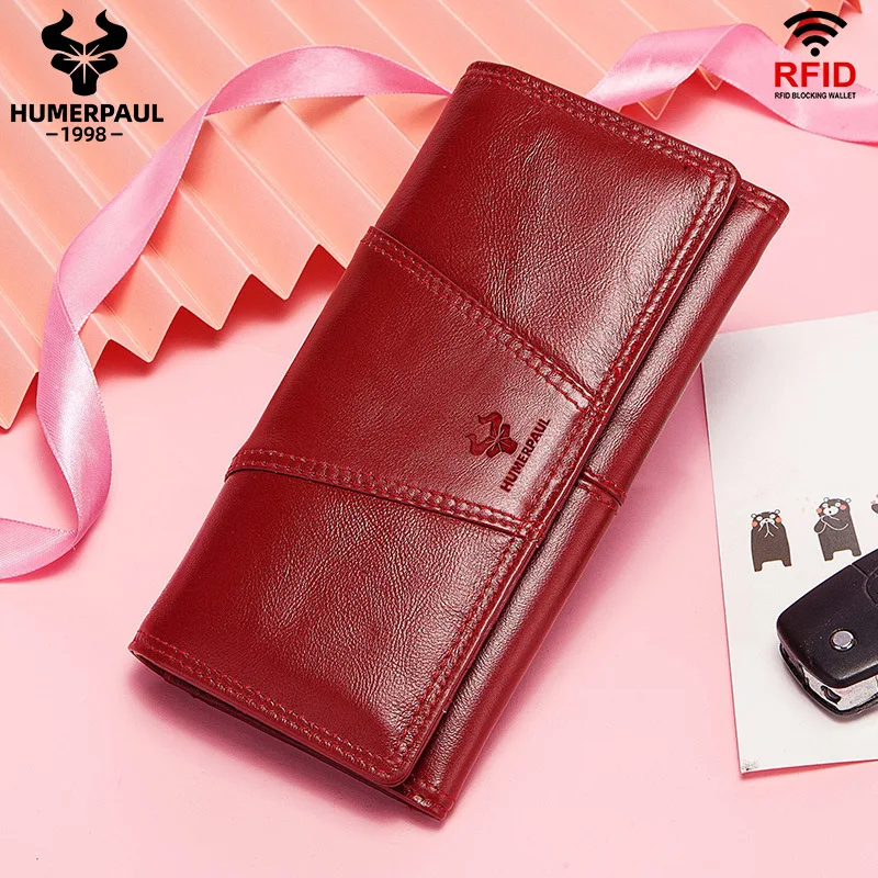 Real leather ladies long wallet retro flip phone pocket change storage multi-function large capacity RFID handheld wallet