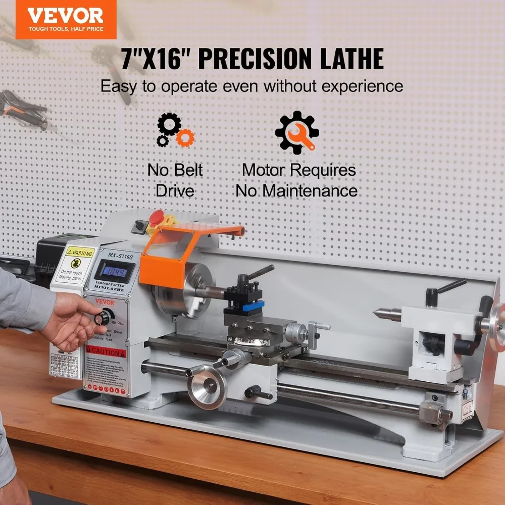 7'' x 16'' Metal Lathe Machine, 800W Precision Benchtop Power Metal Lathe, 150-2500 RPM Continuously Variable Speed, with