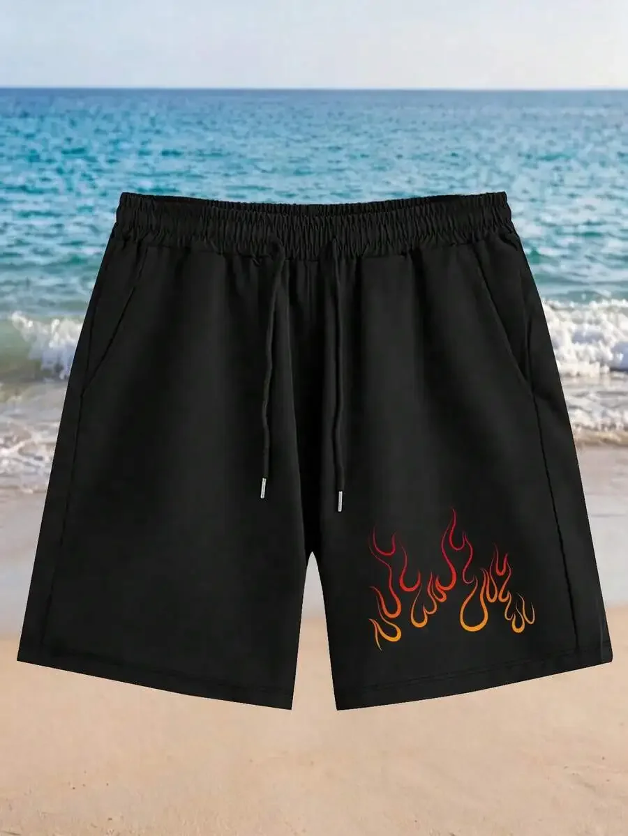 

Mens Casual Polyester Shorts With Flame Print, Elastic Waist Drawstring, Breathable Streetwear For Summer