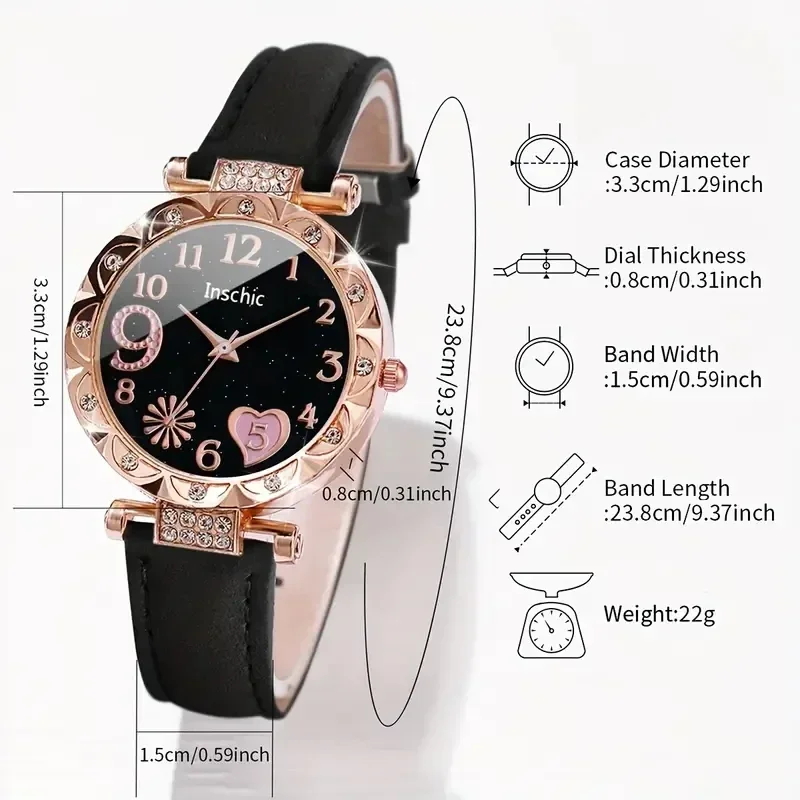 6PCS/Set Women Watch Cute Heart Dial Quartz Watch Shiny Rhinestone Analog Wrist Watch Bracelets Gift for Mom (Without Box)