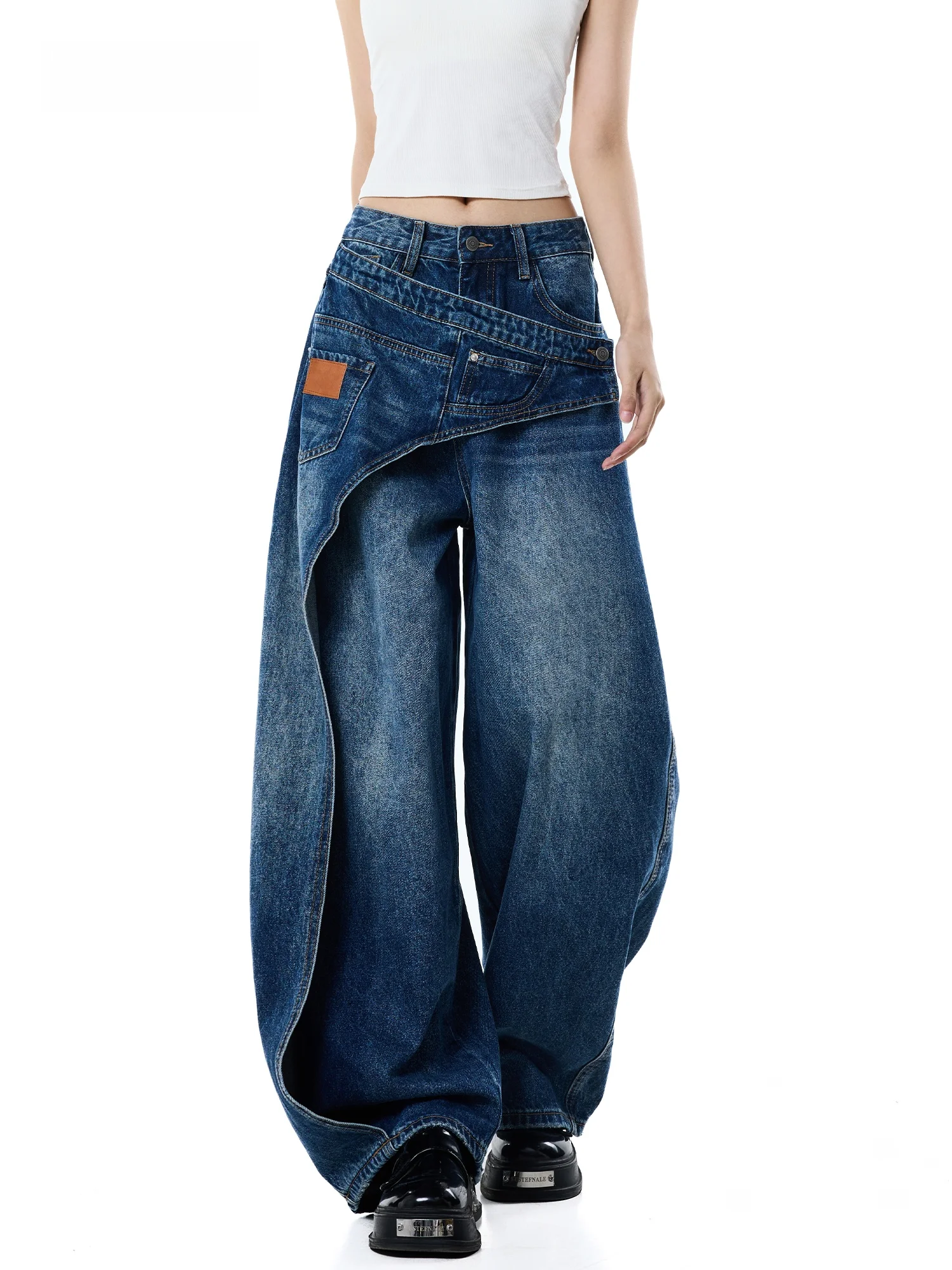 High Waist Wide Leg Denim Jeans Women's Autumn New Style Patchwork Design Loose Fit Long Pants Vintage Washed Blue Jeans