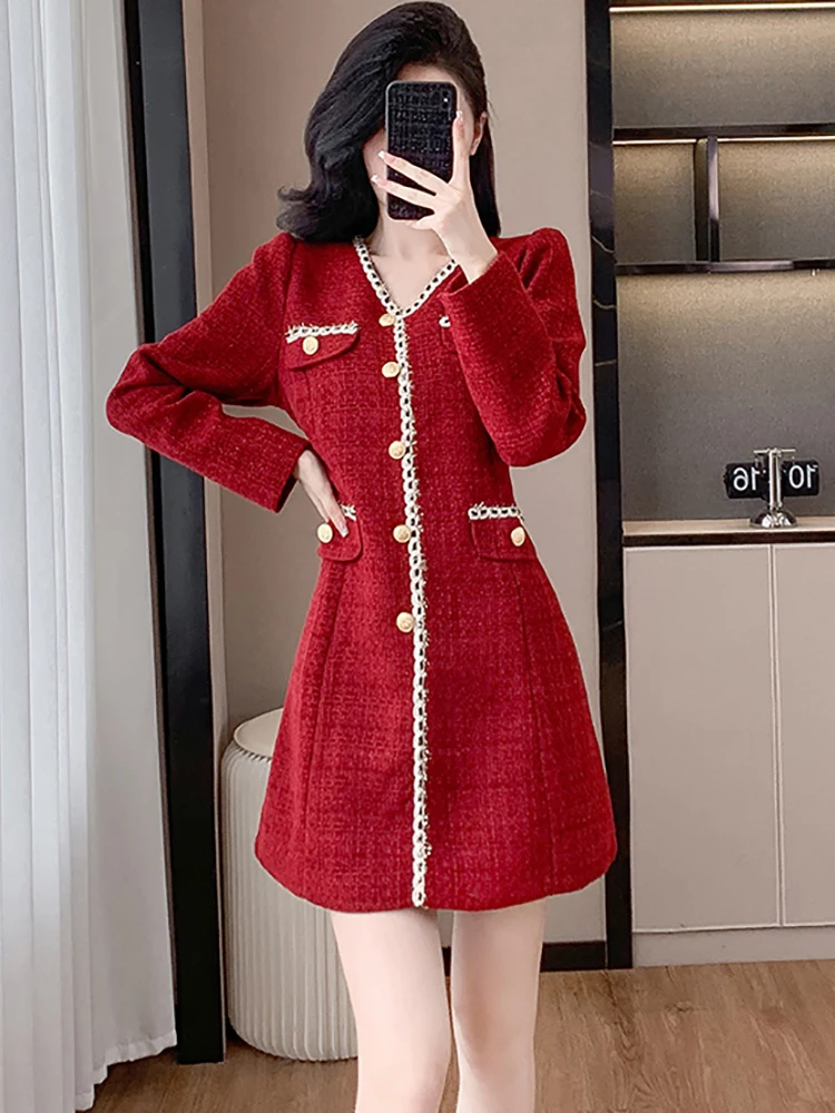 

Women Red Long Sleeve V-Neck Single Breasted Mini Dress Autumn Winter Thick Warm Casual Dress 2024 Korean Elegant Bodycon Dress