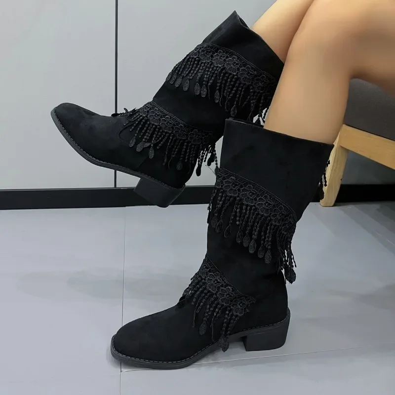 2023 Brand Shoes for Women Slip-on Women's Boots Fashion Fringe Office and Career Hot Sale Square Heel Mid-Calf Shoes Female