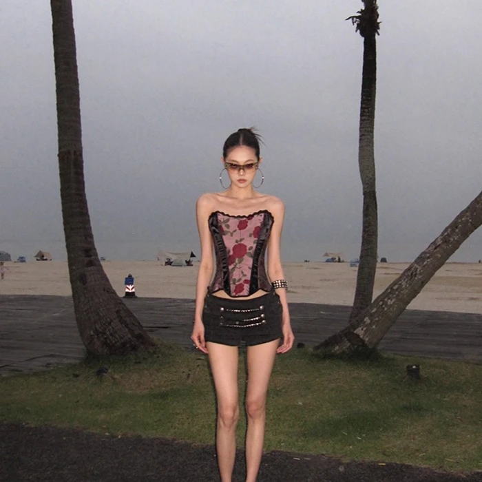 Red Rose Pink Floral Print Corset Tops Women Ladies Overbust Sexy Bustiers Mesh Body Shaper Lingerie Corselet