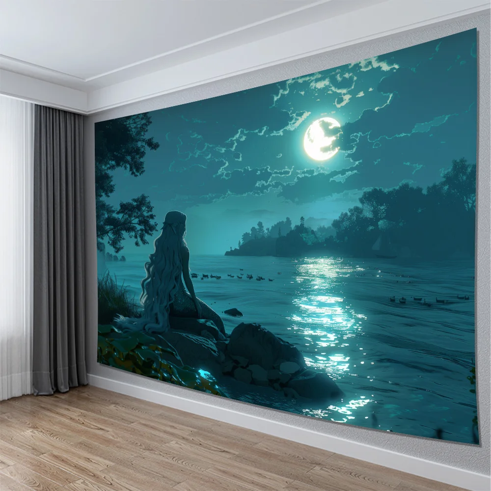 Huge Mermaid Fantasy Tapestry Wall Art Ocean Moonlight Dream Scene Printed Decorative Room Decor Background Poster 150x230cm view 2