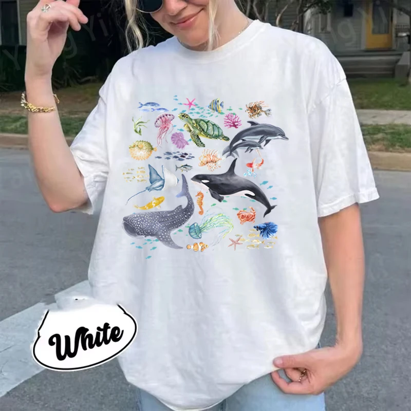 100% Cotton T-shirt for Women Ocean Animals Graphic Casual Top Sea Lovers Harajuku Hip Hop T Shirt New Fashion Girls Clothing