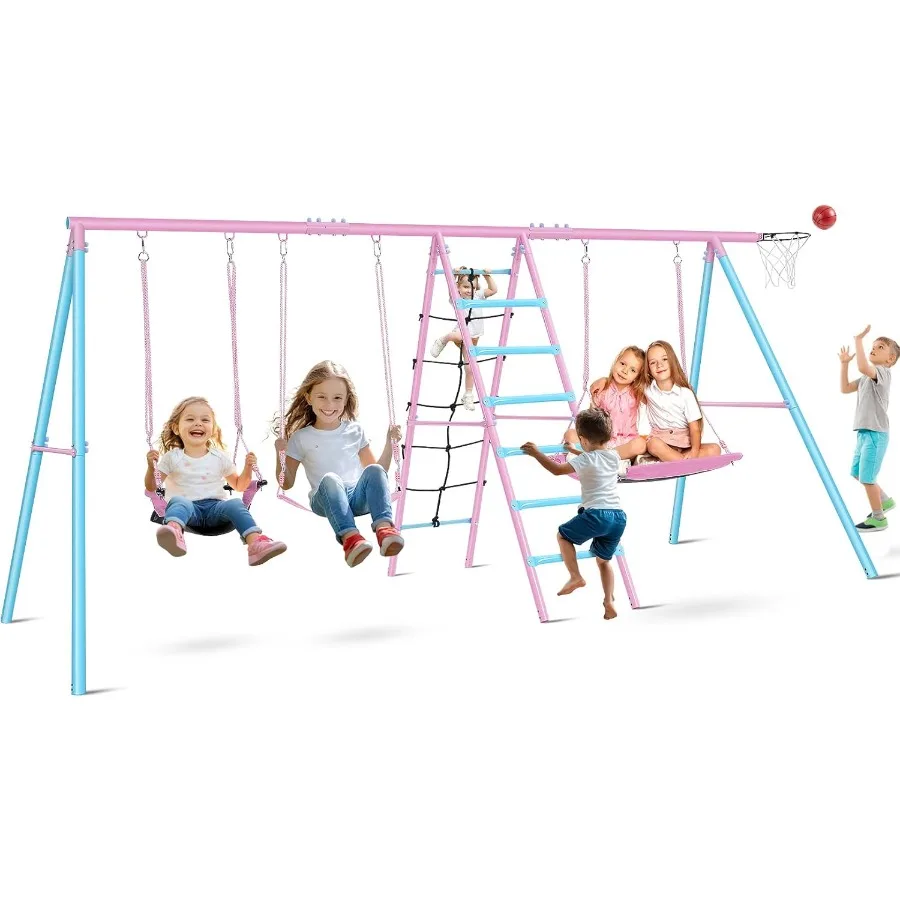 

6 in 1 Outdoor Playground Set Swingset for Backyard - Extra Large Heavy Duty Metal Swing Frame with 3 Adjustable Swings Climbin