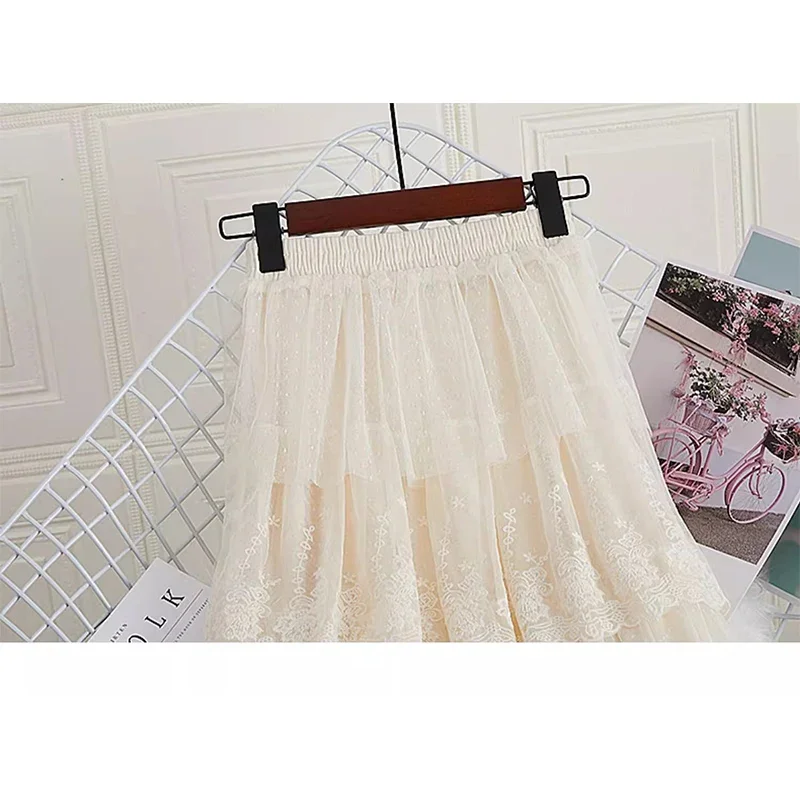 

TIGENA Fashion Tiered Lace Tulle Skirt for Women 2024 Spring Elegant Sweet Polka Dot A Line High Waist Long Maxi Skirt Female