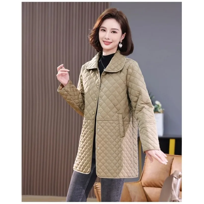 

Women Parkas Down Cotton Jacket Warm Coat Female 2025New Spring/Autumn Retro Comfort Versatile Rhombic lattice Ligh Cotton Loose