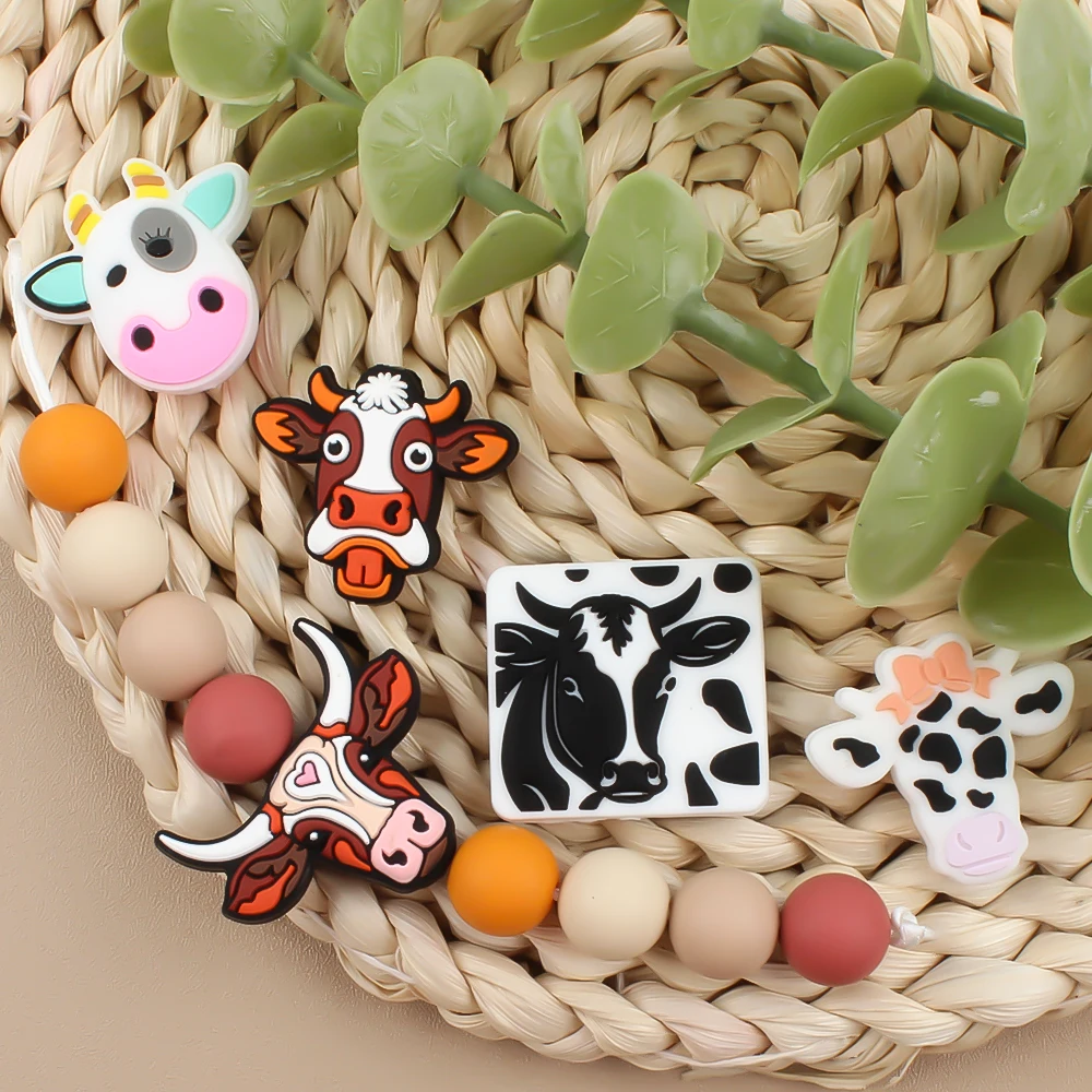 5/10Pcs Baby Silicone Beads Teether Cow Pattern BPA Free Teething DIY Toys Cartoon Contact Chewer Relieves Discomfort