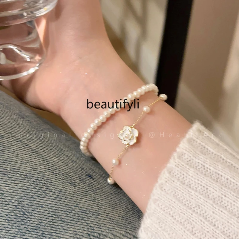 Camellia double layer stacked pearl bracelet girls light luxury niche exquisite jewelry elegant temperament high-end accessories