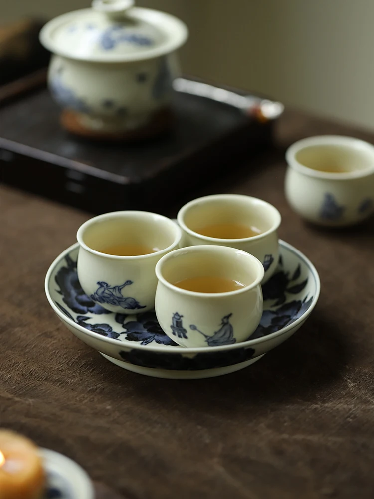 

Ретро-чашка для заваривания чая сине-белая, ручной росписи, термостойкая, с крышкой, для одного человека