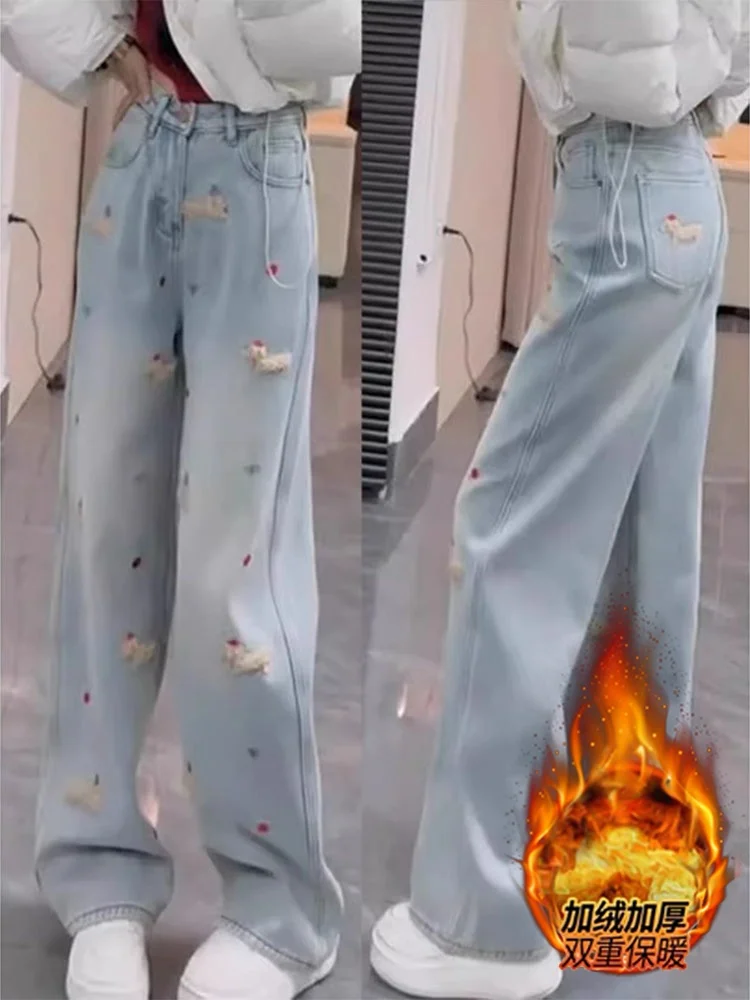 

Thickened Fleece Wide Leg Embroidered Denim Jeans High Waist Slimming Floor-Length Straight Cut Pants for plus Size Women