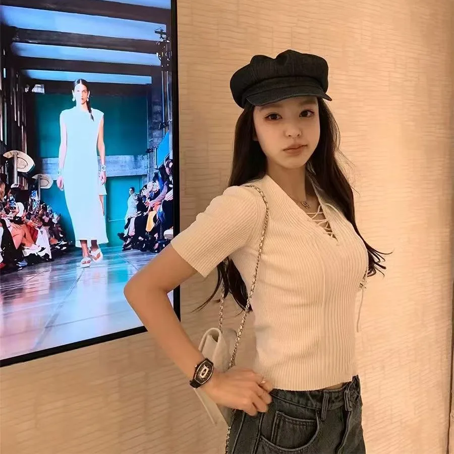 Pull à manches courtes et col rond pour femme, T-shirt slim pour femme, pulls fins, lacets sexy, document solide, printemps et été, N593