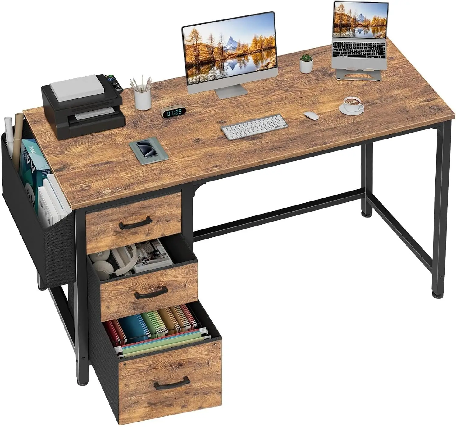 Brand new Computer Desk with Fabric File Drawers Cabinet, 55 Inch Reversible Home Office Desks with Filing Cabinet for Small