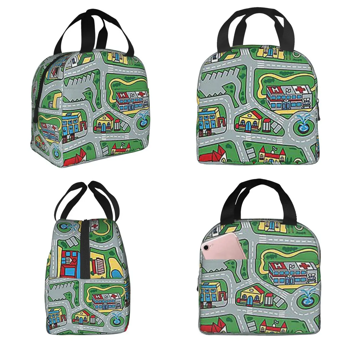 

Car City Carpet Road Rug 90s Nostalgic Toy Insulated Lunch Bag for Women Office Cooler Thermal Food Box Tote Portable