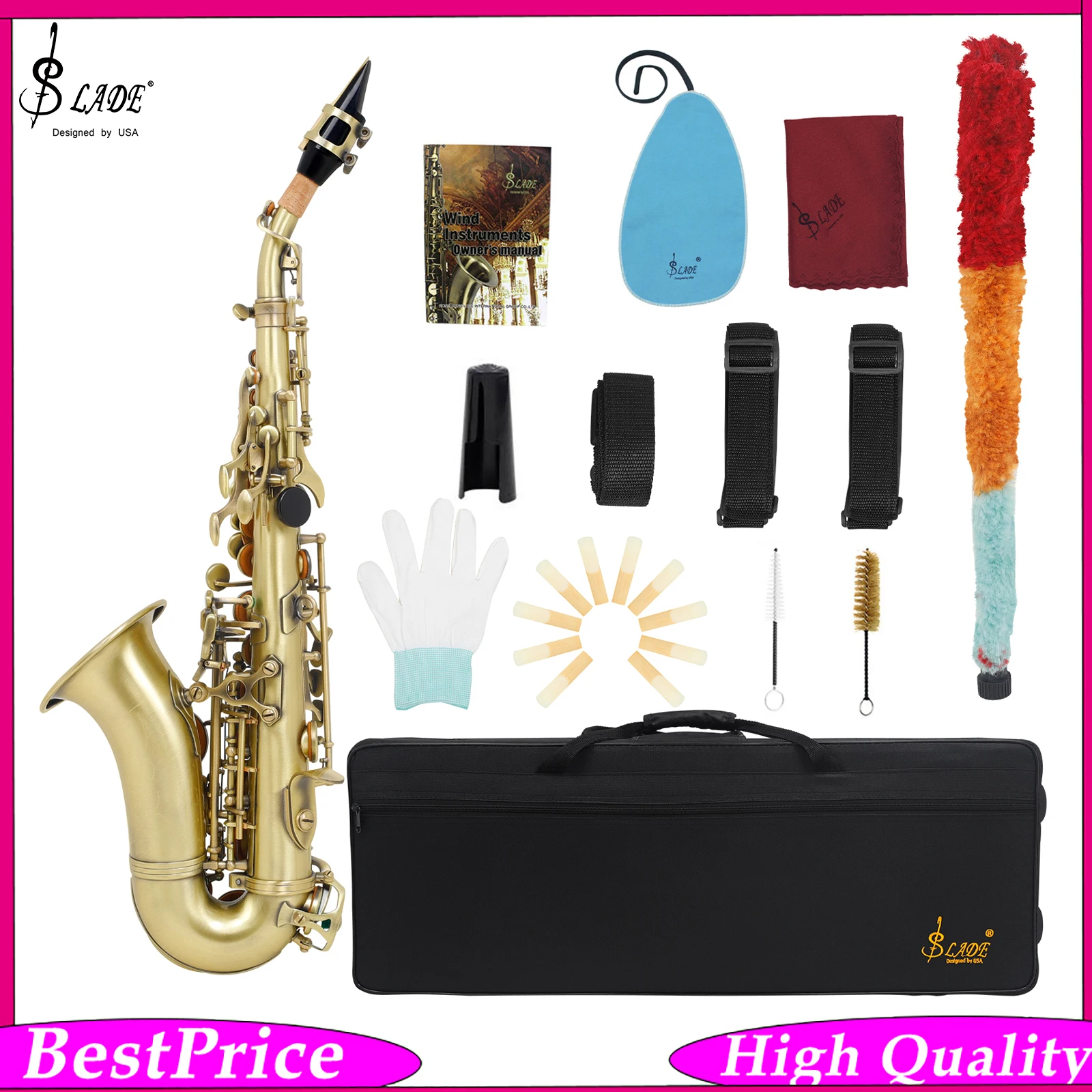 SLADE Bb Curved Soprano Saxophone Bronze Tube Body Saxophone Complete Kit Case Strap Woodwind Instrument for Band Performance