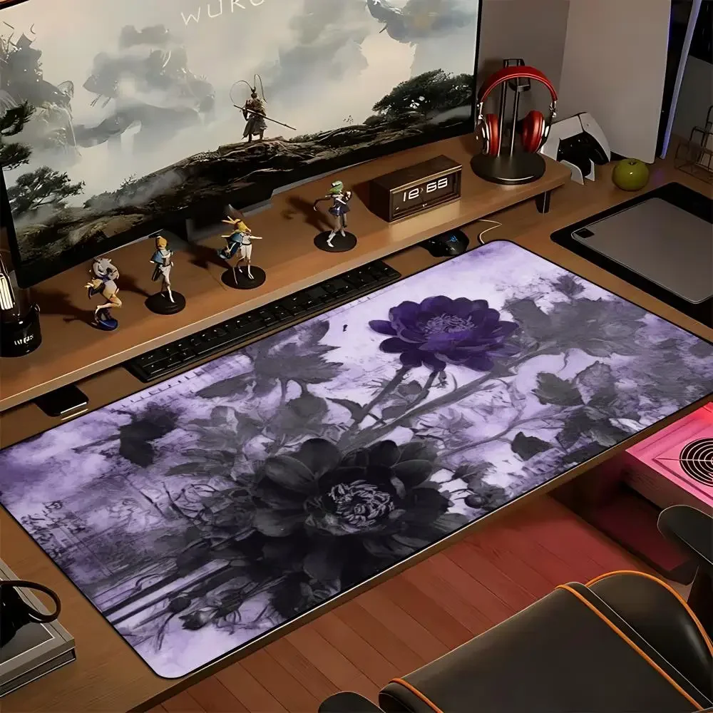 Large Xxl Gaming Mousepad Desk Mat Keyboard Pad Laptop Purple Background Dark Lotus Chinese Ink Floral Print Nonslip Rubber Base