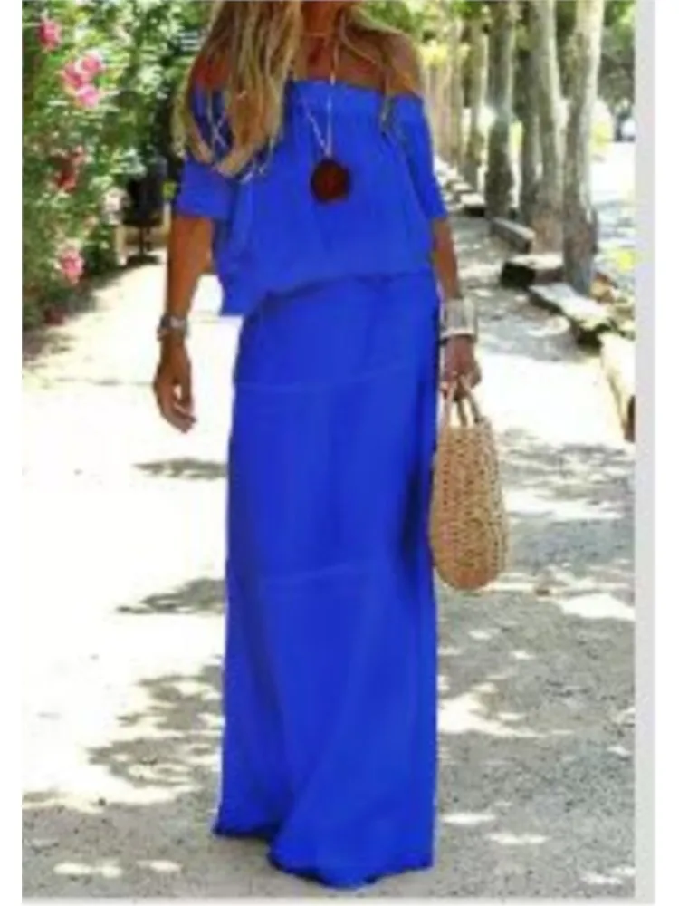 

New Summer Solid Color One-shoulder Elastic Waist Short-sleeved Long Dress Fashionable Casual Loose Floor-length Dress Dress