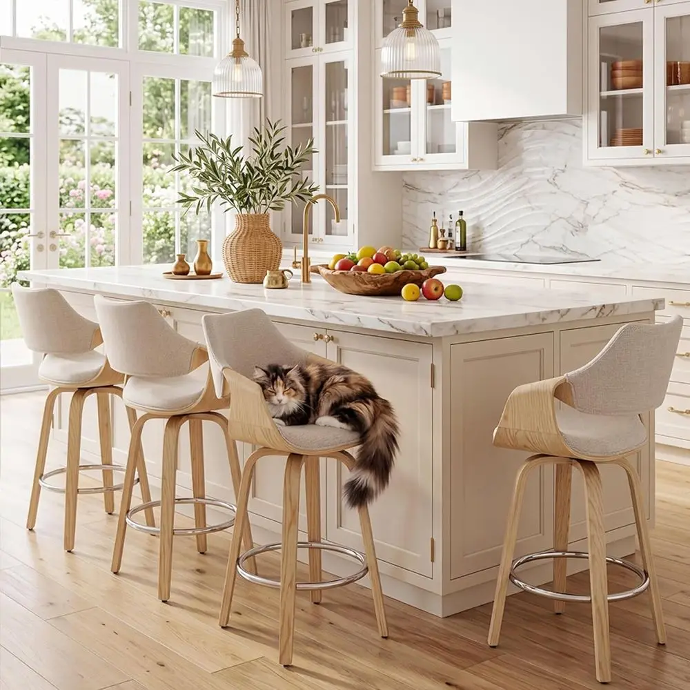 

Set of 4 Beige Chenille Upholstered Counter Height Swivel Bar Stools with Backs