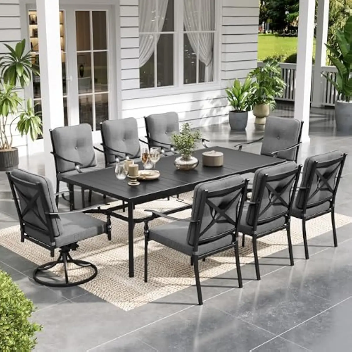 Outdoor Dining Set for 8 People Featuring Rectangular Metal Table with Umbrella Hole Plus 2 Swivel and 6 Fixed Chairs Built with