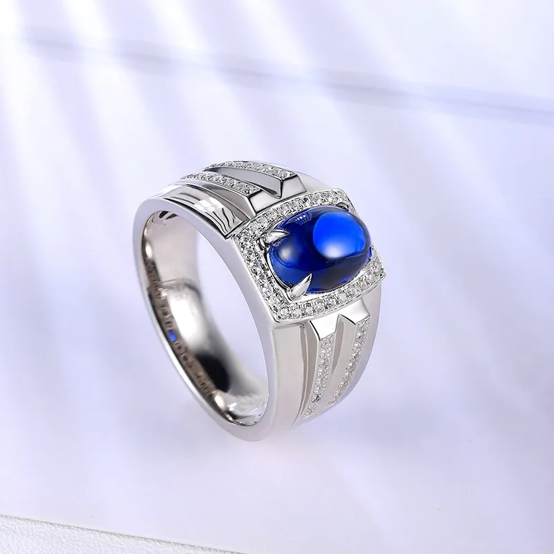 New Design Center Lab Grown Sapphire 3CT Cabochon Cut Blue Color Oval Silver Plated White Gold Ring For Men Wedding