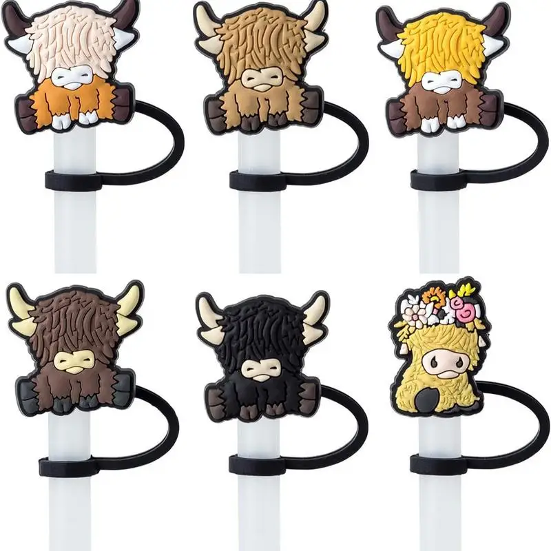 Highland Cow Straw Cover 6X PVC Highland Cow Reusable Straw Covers Reusable Straw Tips Cover Dust-Proof Straw Toppers Highland