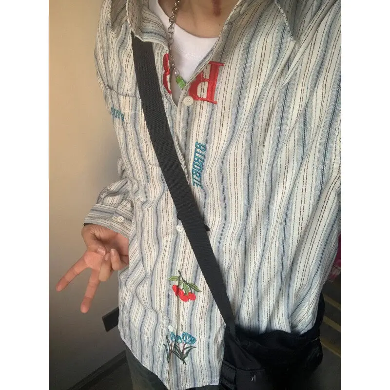 Simple embroidered striped shirt women's new spring design sense chic long-sleeved top coat