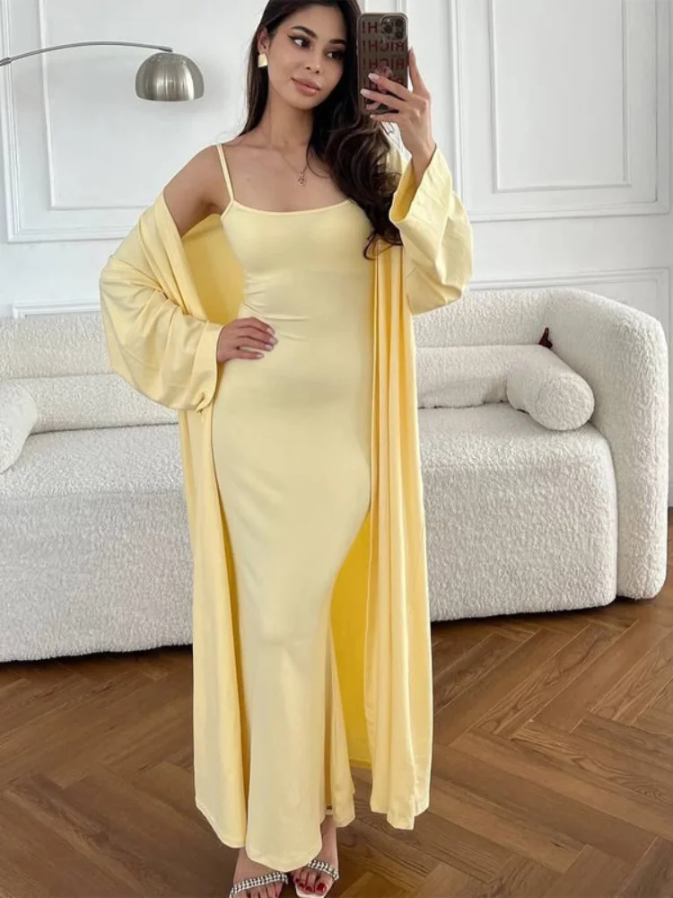 Women Solid Knit 2 Piece Set Spaghetti Strap Ruched Side Mermaid Maxi Dress Long Sleeve Open Front Duster Cardigan Matching Suit
