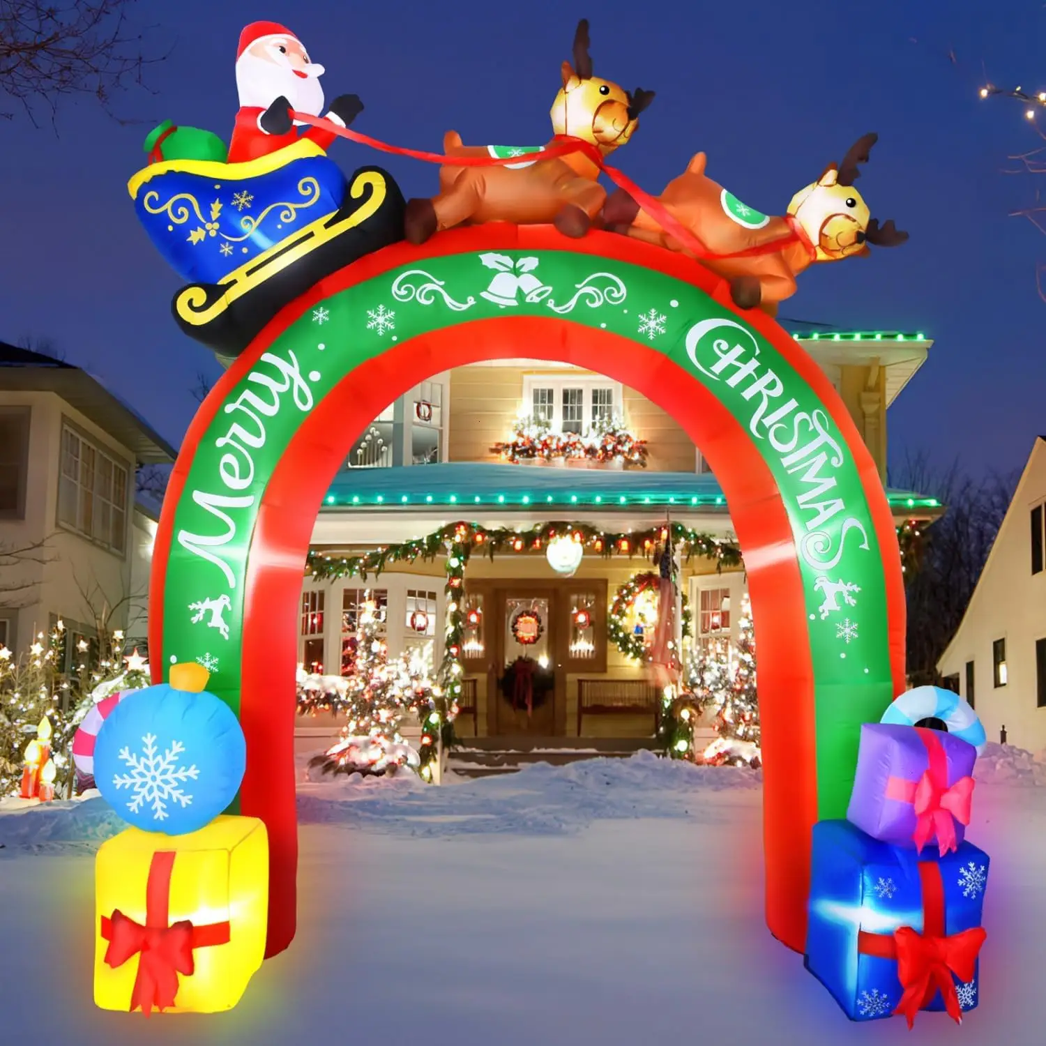 

10 FT Christmas Inflatable Archway Santa Claus on Sleigh with Reindeers Christmas Blow Up Yard Decorations