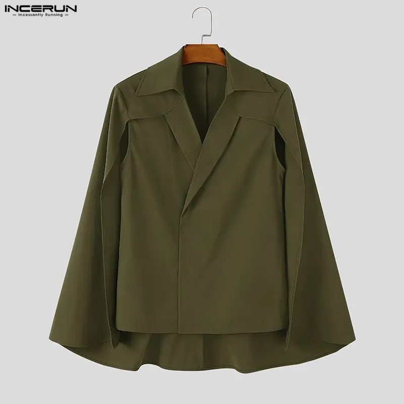 INCERUN Men's Jackets Solid Lapel Long Sleeve Casual Ponchos For Man Cloak Cape Streetwear Personality Fashion Irregular Coats