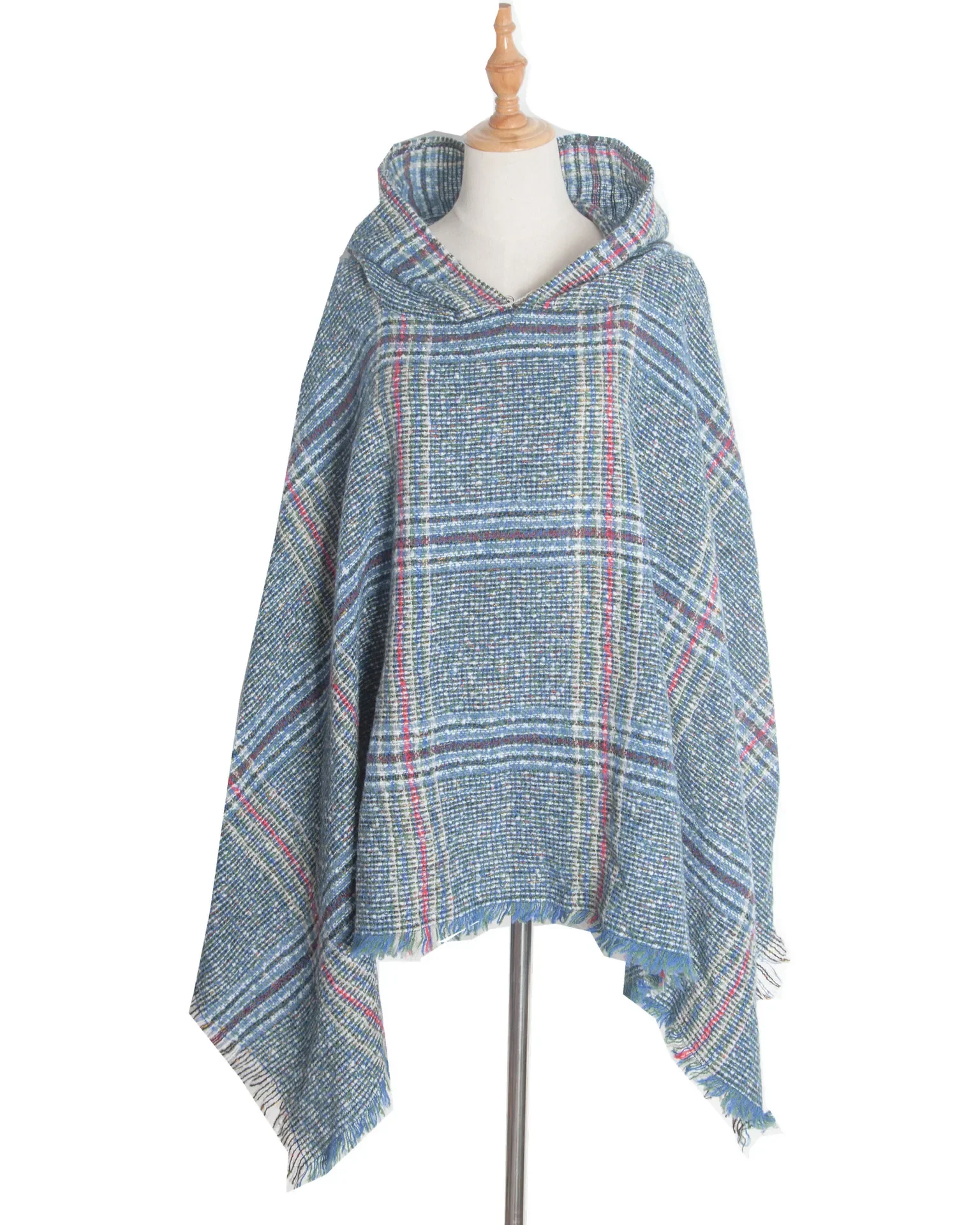 New Spring Autumn Loop Yarn Barbed Hair Large Plaid Hooded Cape Fashion Street Poncho Lady Capes Blue Cloaks