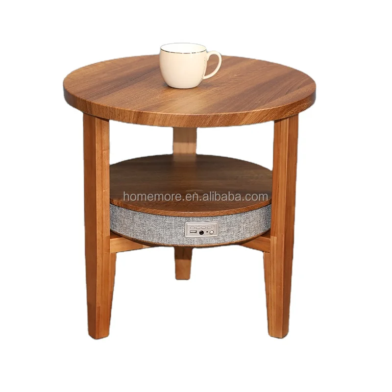 Two Layers Round Top QI Charging Music Smart Wireless Side Table Shelf with Power Bank  Aux Audio Speaker Coffee Tables