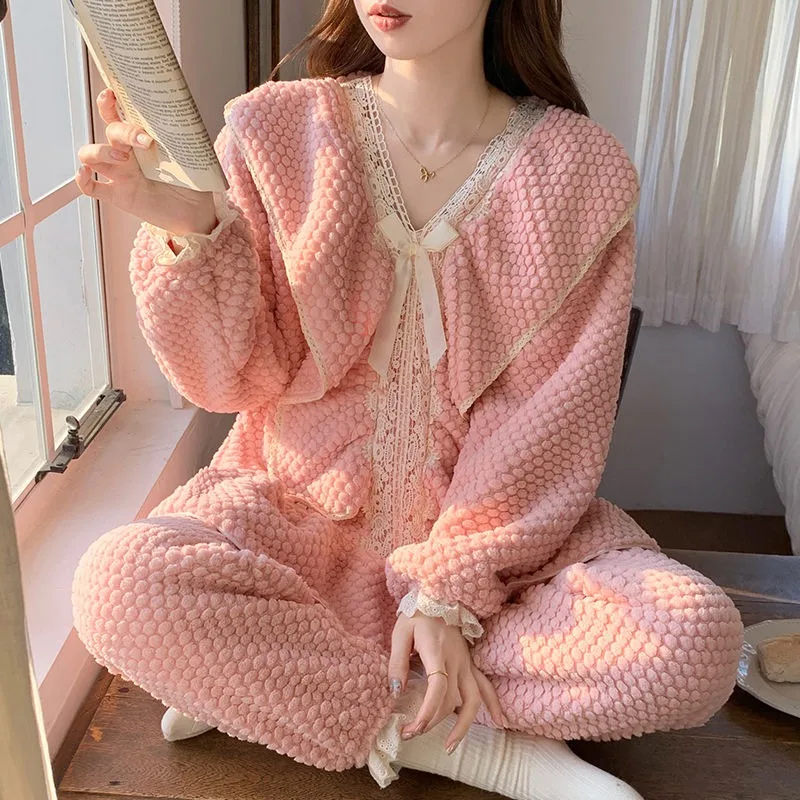 

Women's Pajama Winter Coral Fleece Thickened Fleece Princess-style Pullover Home Dress Long-sleeved Warm Set Can Be Worn Outside